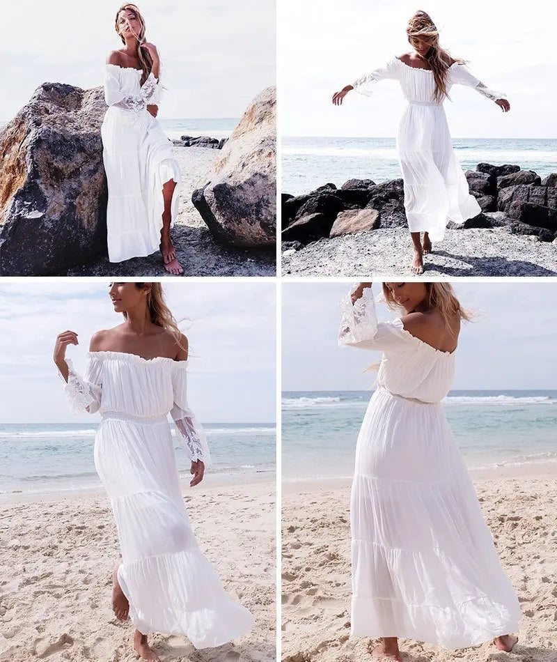 TEELYNN boho dress white sexy off the shoulder beach sundress Flare long sleeve splice lace women dresses summer vestidos - Seprincess