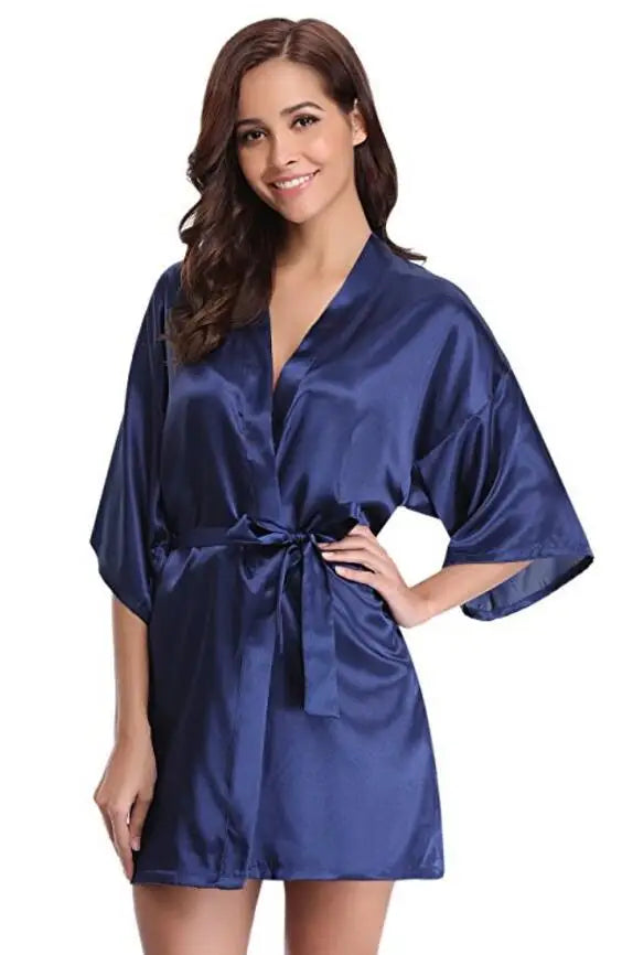 RB032 2018 New Silk Kimono Robe Bathrobe Women Silk Bridesmaid Robes Sexy Navy Blue Robes Satin Robe Ladies Dressing Gowns - Seprincess