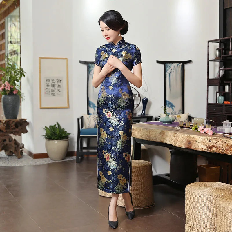 2021 New High Fashion Green Rayon Cheongsam Chinese Classic Women's Qipao Elegant Short Sleeve Novelty Long Dress S-3XL C0136-D - Seprincess