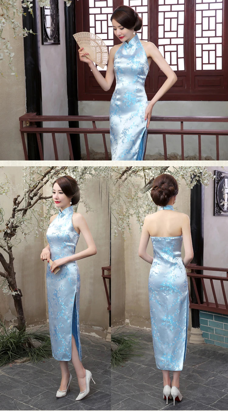 Navy Blue Vintage Lady Satin Evening Dress Chinese Novelty Backless Cheongsam Qipao Flower Size S M L XL XXL XXXL - Seprincess