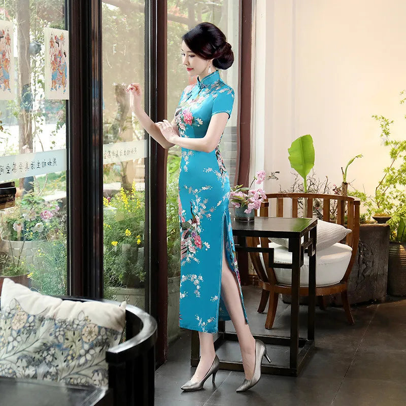 Spring Autumn New Cheongsam Chinese Women Flower&Peacock Qipao Long Sleeve Vestidos Vintage Female Evening Wedding Dress S-3XL