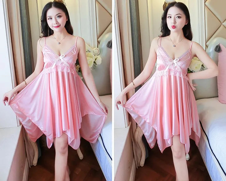 2022 Summer Sexy Lingerie Nightgowns for Women Silk Satin Lace Spaghetti Strap Night Dress Sleepwear Nightdress Nightwear Nighty - Seprincess