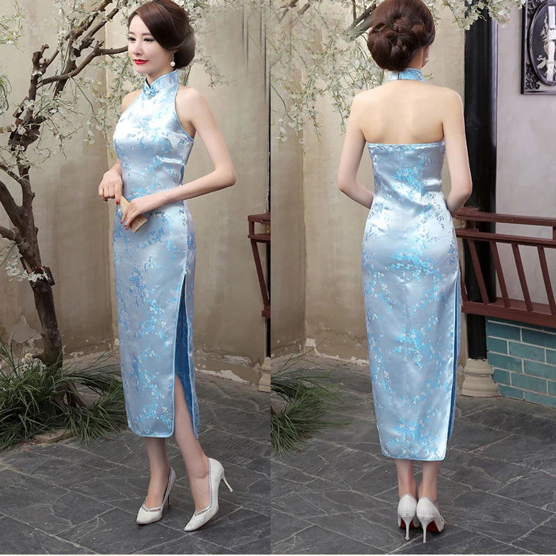 Navy Blue Vintage Lady Satin Evening Dress Chinese Novelty Backless Cheongsam Qipao Flower Size S M L XL XXL XXXL - Seprincess