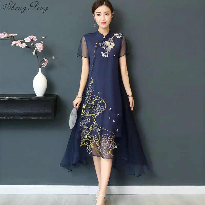 New Qipao Long Cheongsams Dress Chinese Traditional Dress Summer Flowers Vintage Dress Oriental Robes V922 - Seprincess