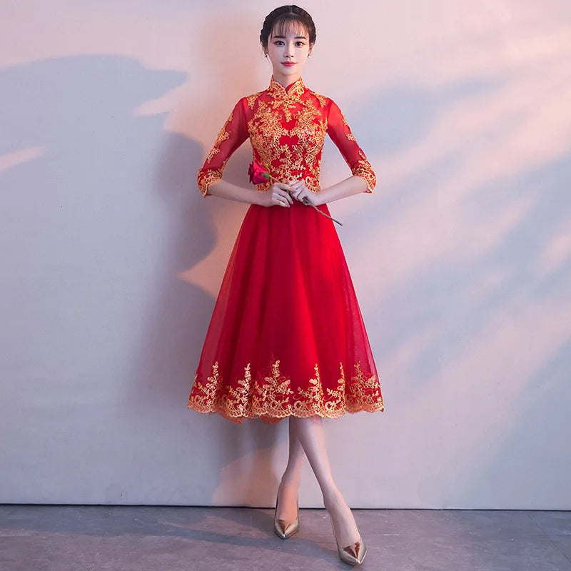 Novelty Chinese Female Long Qipao Marriage Clothes RED Oriental Bride Wedding Dress Elegant Slim Mandarin Collar Cheongsam - Seprincess