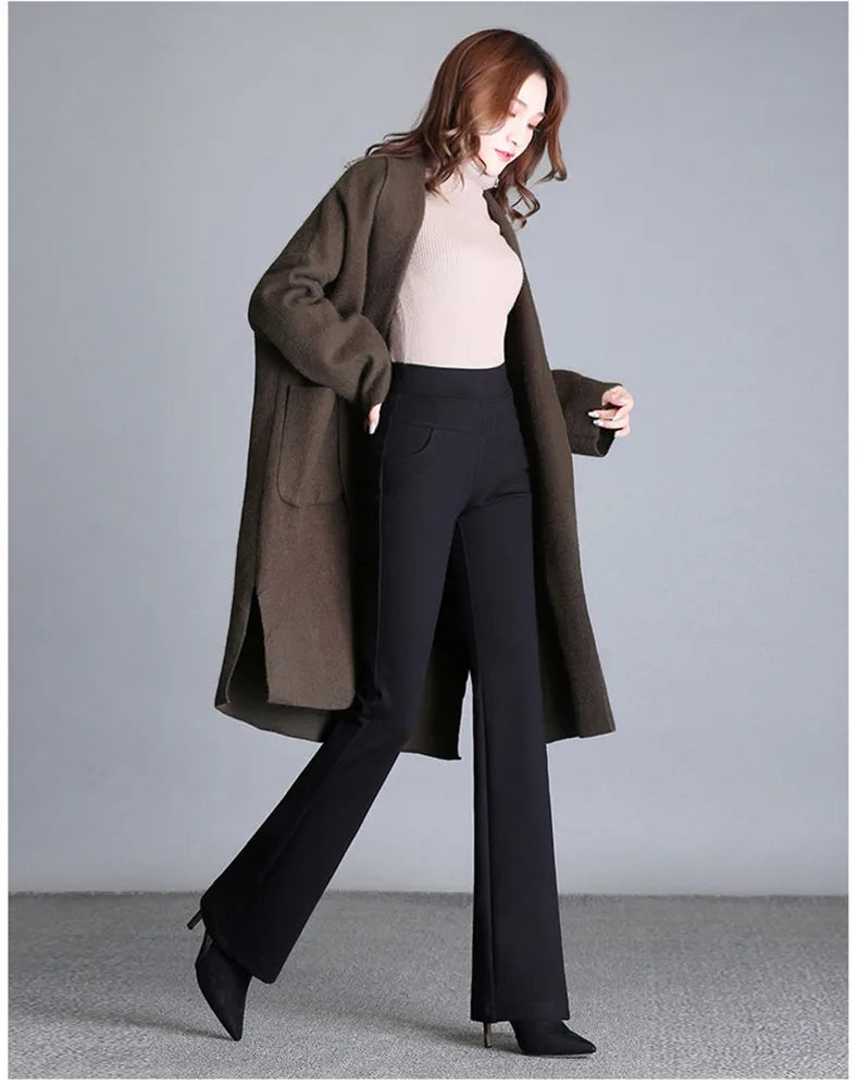 New Women's Autumn Spring Tight Flare Pants Red High Waist  Blue Elastic Band Trousers Fashion Casual Stretch Pants 6XL