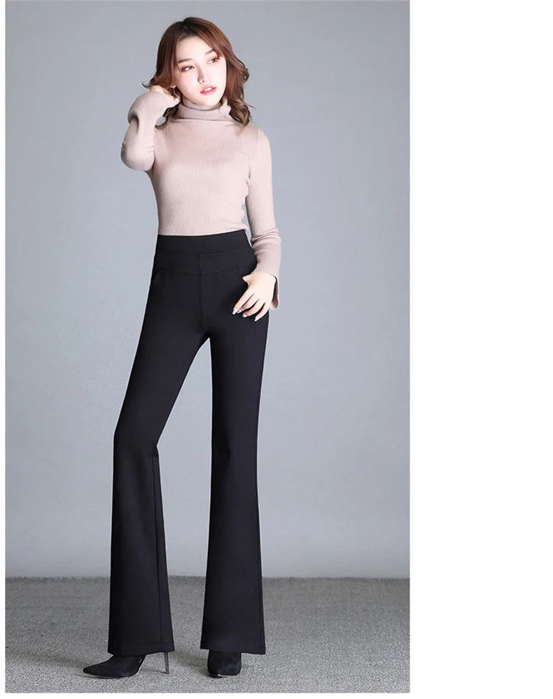 New Women's Autumn Spring Tight Flare Pants Red High Waist  Blue Elastic Band Trousers Fashion Casual Stretch Pants 6XL