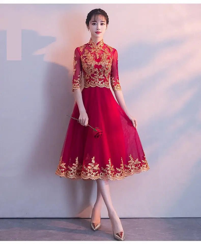 Novelty Chinese Female Long Qipao Marriage Clothes RED Oriental Bride Wedding Dress Elegant Slim Mandarin Collar Cheongsam - Seprincess