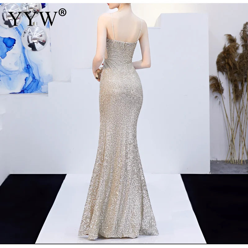 Sexy Sequined Evening Dress Robe De Soiree 2021 V-Neck Sleeveless Backless Mermaid Long Robe Side Slit Off Shoulder Party Dress - Seprincess