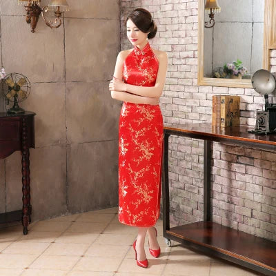 Navy Blue Vintage Lady Satin Evening Dress Chinese Novelty Backless Cheongsam Qipao Flower Size S M L XL XXL XXXL - Seprincess