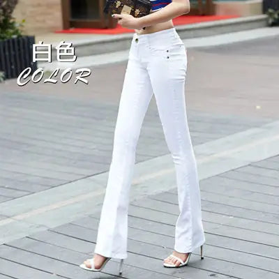 Women's White 80% Cotton Flare Denim Pants Mom's Fomal Skinny Stretch Jeans Trend Candy Color Slim Cowboy Trousers OL Pantalones