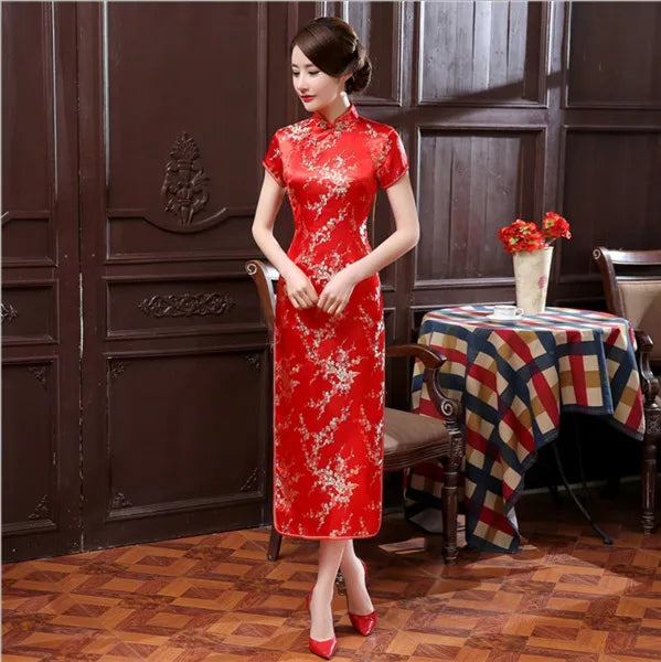 Red Chinese Women Dress Vintage Satin Qipao Sexy Long Slim Cheongsam Hot Sale Flower Dress Size S M XL XXL 3X4XL 5XL 6XL JA13 - Seprincess