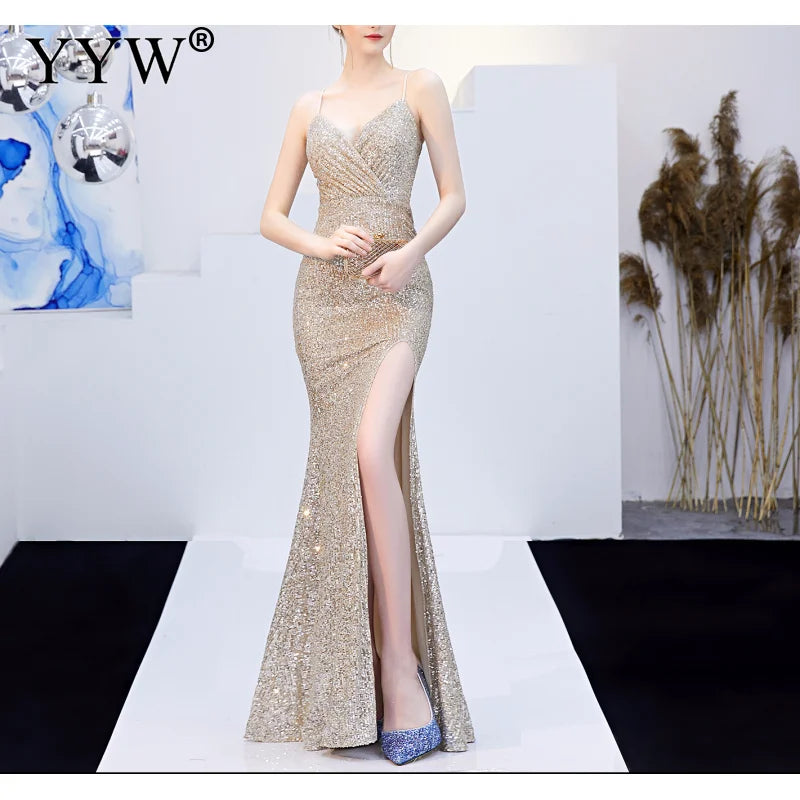 Sexy Sequined Evening Dress Robe De Soiree 2021 V-Neck Sleeveless Backless Mermaid Long Robe Side Slit Off Shoulder Party Dress - Seprincess