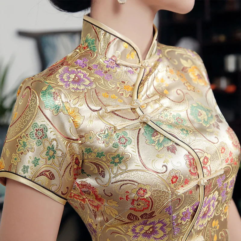 High Quality Gold Sexy Satin Mandarin Collar National Tight Cheongsam Short Sleeve Novelty Print  Long Dress S-3XL C0002 - Seprincess