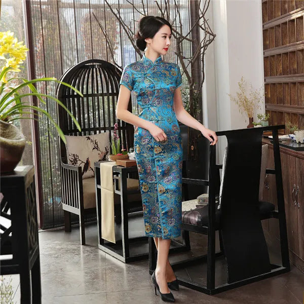 High Quality Gold Sexy Satin Mandarin Collar National Tight Cheongsam Short Sleeve Novelty Print  Long Dress S-3XL C0002 - Seprincess