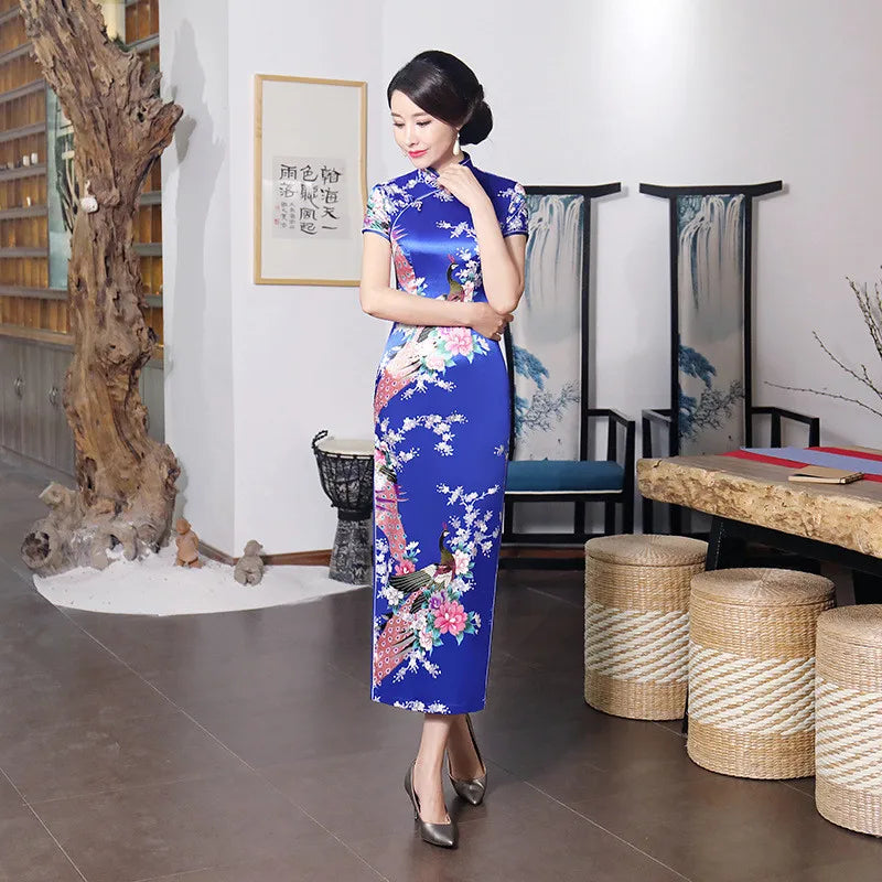 Spring Autumn New Cheongsam Chinese Women Flower&Peacock Qipao Long Sleeve Vestidos Vintage Female Evening Wedding Dress S-3XL