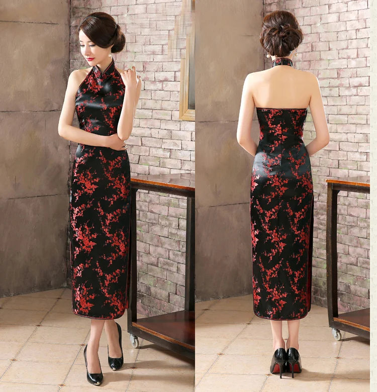 Navy Blue Vintage Lady Satin Evening Dress Chinese Novelty Backless Cheongsam Qipao Flower Size S M L XL XXL XXXL - Seprincess