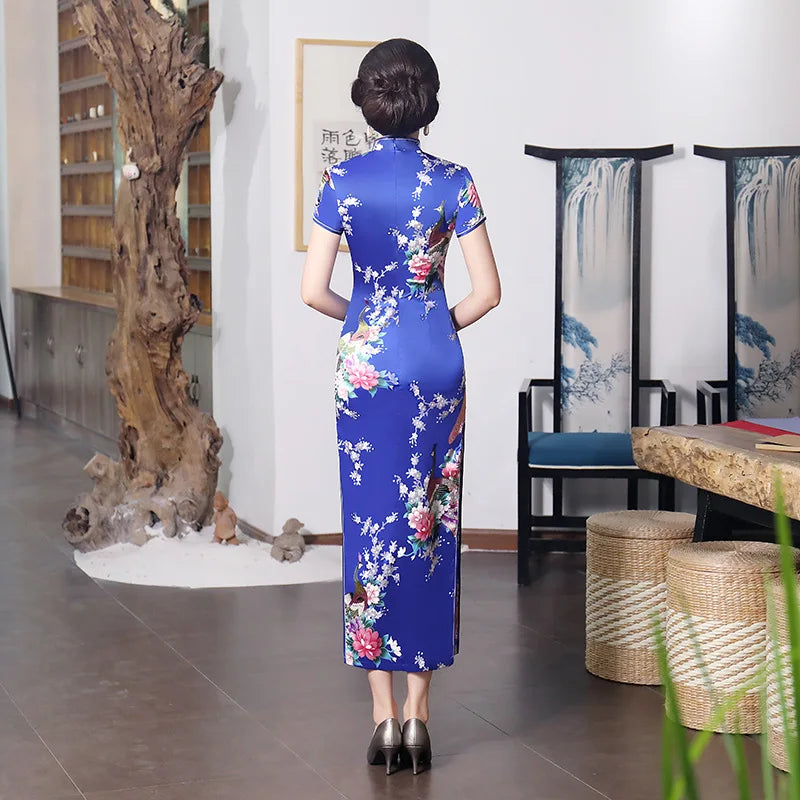 Plus Size 6XL Chinese Women Cheongsam Lady Qipao BLACK Print Flower Long Dress Bride Wedding Dresses Elegant Gown Vestidos - Seprincess