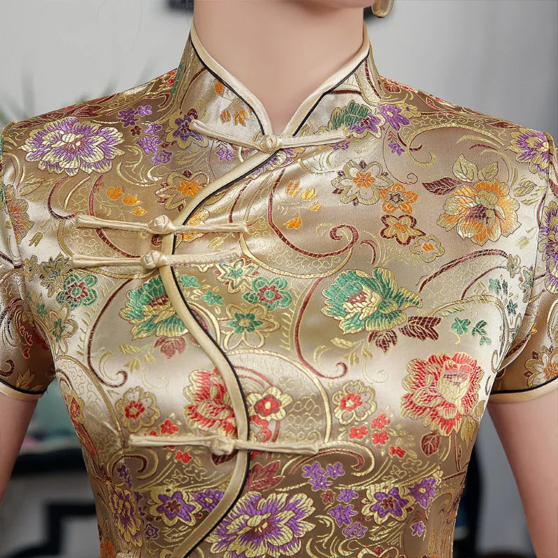 High Quality Gold Sexy Satin Mandarin Collar National Tight Cheongsam Short Sleeve Novelty Print  Long Dress S-3XL C0002 - Seprincess