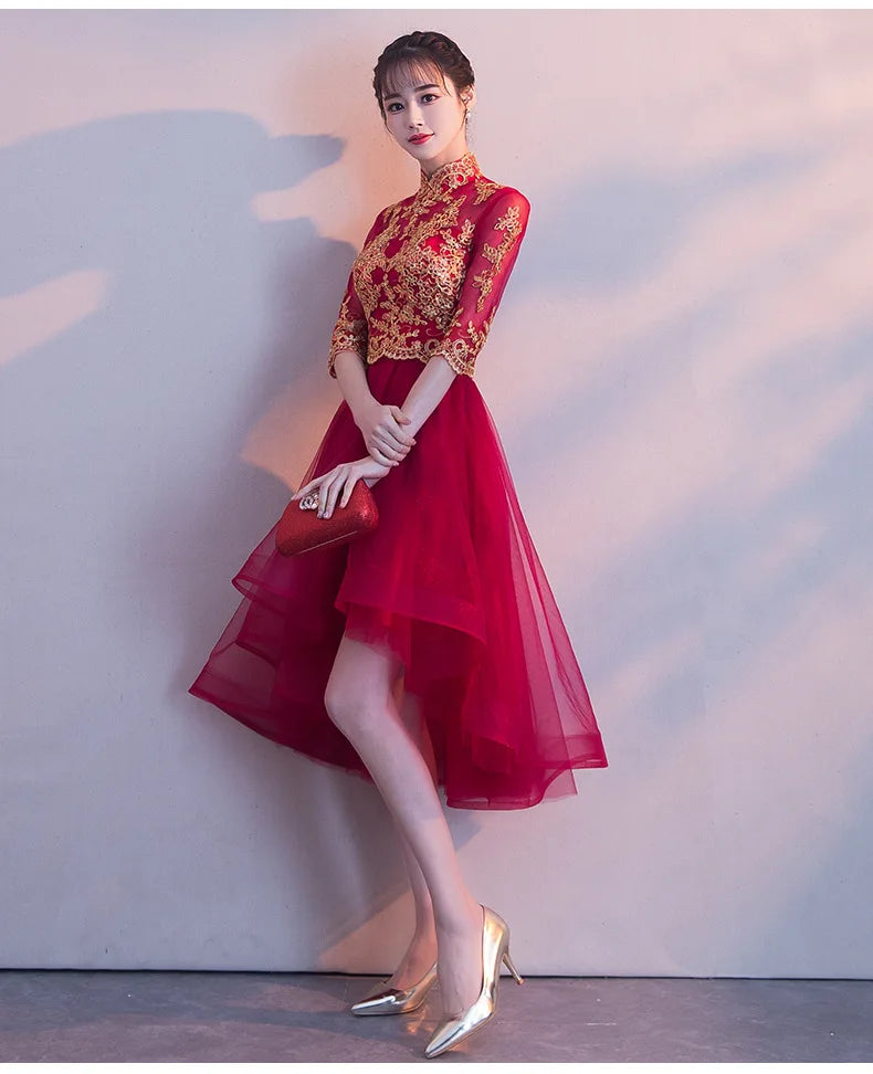 Novelty Chinese Female Long Qipao Marriage Clothes RED Oriental Bride Wedding Dress Elegant Slim Mandarin Collar Cheongsam - Seprincess