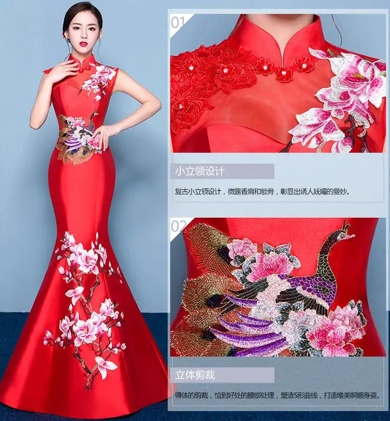 Mermaid Tail Asian style Short Sleeve Fashion Red Embroidery Bride Wedding Qipao Long Cheongsam Chinese Traditional Dress Retro