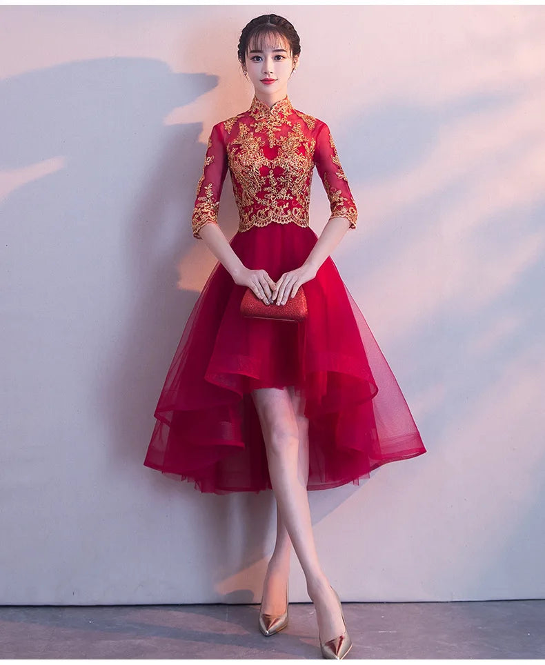 Novelty Chinese Female Long Qipao Marriage Clothes RED Oriental Bride Wedding Dress Elegant Slim Mandarin Collar Cheongsam - Seprincess