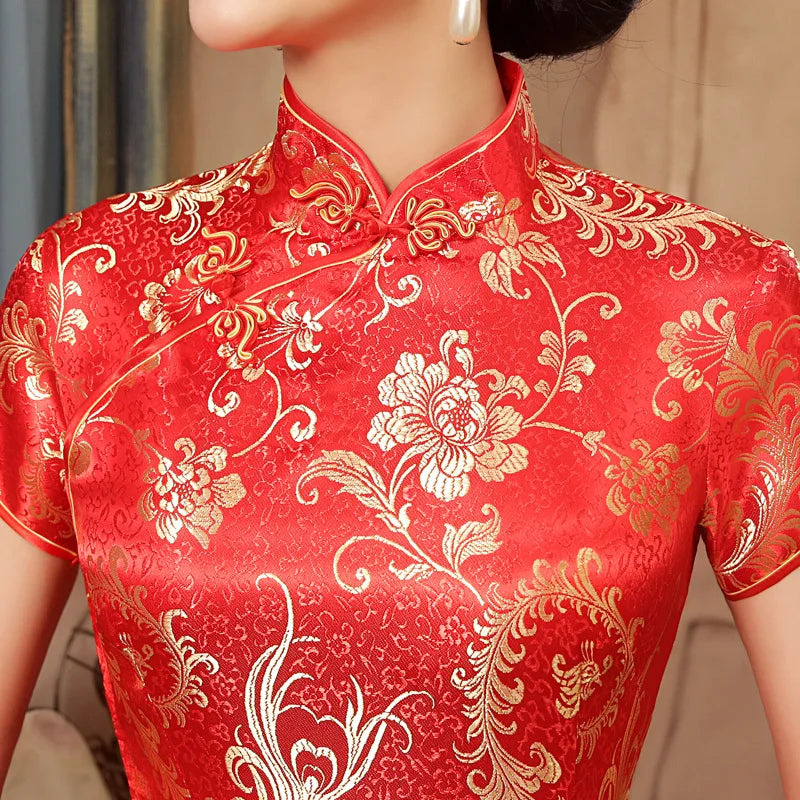 Elegant Red Wedding Dress Traditional Chinese Women Satin Sleeveless Cheongsam Vintage Long Dresses Sexy Slim Qipao Vestidos - Seprincess