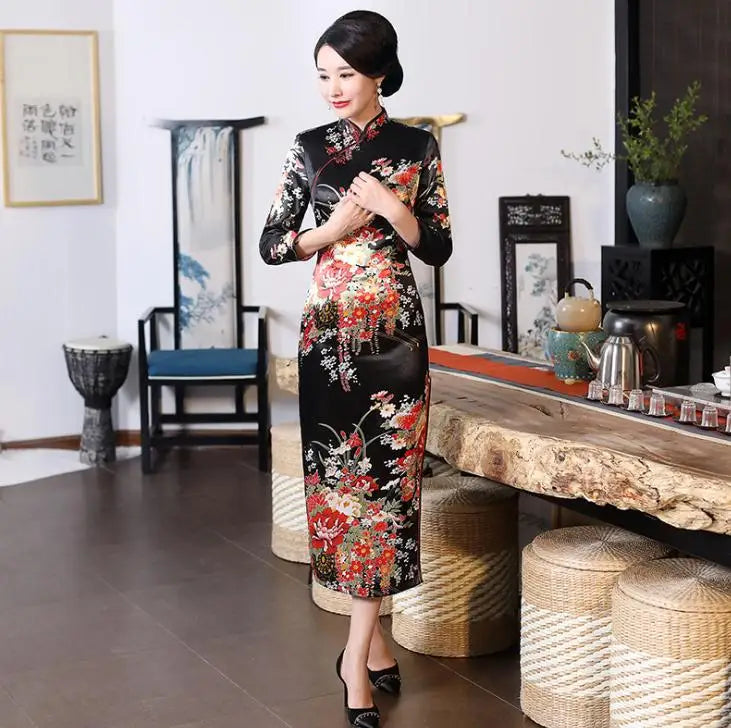 Old Shanghai Elegant Women Satin Qipao Slim 3/4 Sleeve Long Dress New Traditional Chinese Mandarin Collar Cheongsam Vestidos - Seprincess