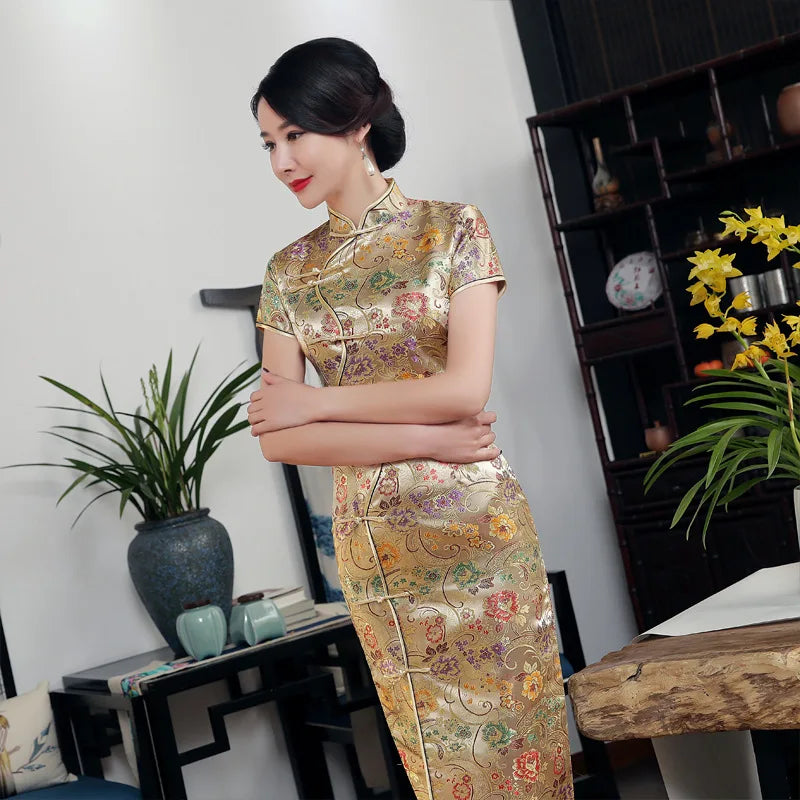 High Quality Gold Sexy Satin Mandarin Collar National Tight Cheongsam Short Sleeve Novelty Print  Long Dress S-3XL C0002 - Seprincess