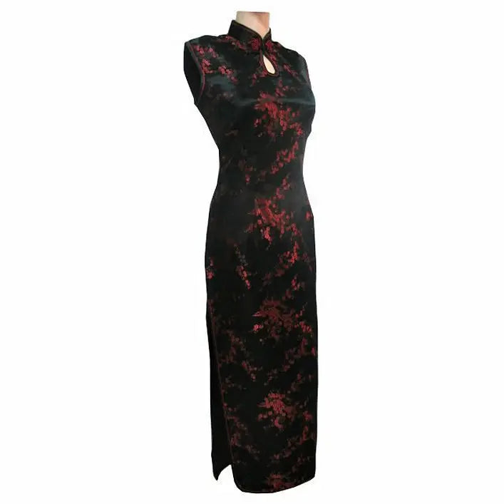 Black-Red Traditional Chinese Dress Women's Satin Long Halter Cheongsam Qipao Mujere Vestido Flower Size S M L XL XXL XXXL J3035 - Seprincess