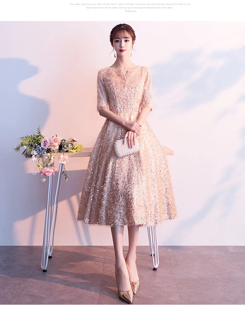 weiyin Robe De Soriee Elegant Gold Evening Dress Lace Half Sleeves A-line Evening Dresses Banquet Party Formal Prom Dress WY1156 - Seprincess