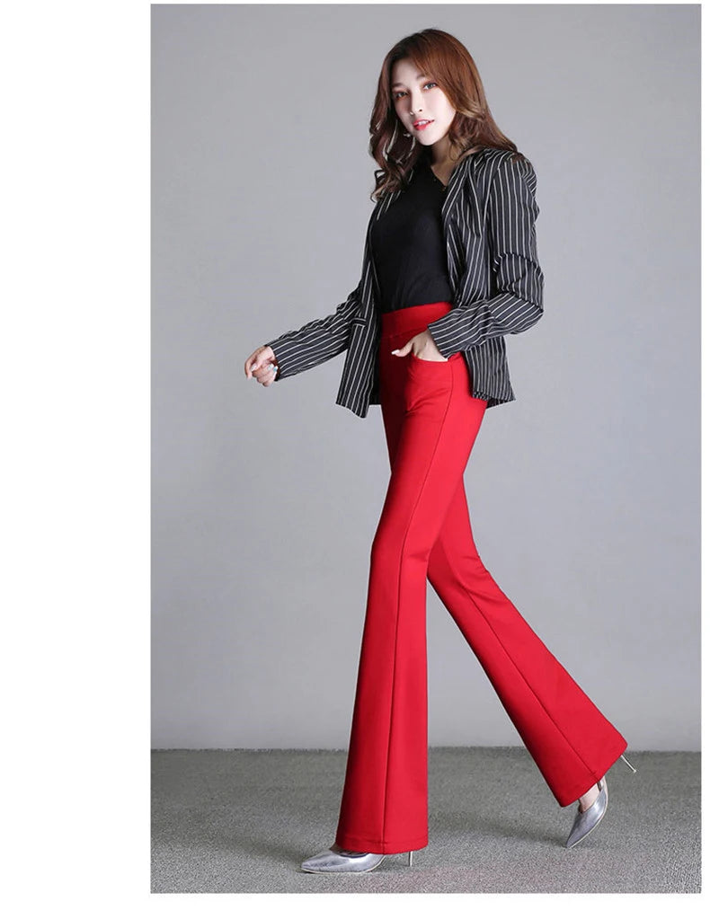 New Women's Autumn Spring Tight Flare Pants Red High Waist  Blue Elastic Band Trousers Fashion Casual Stretch Pants 6XL