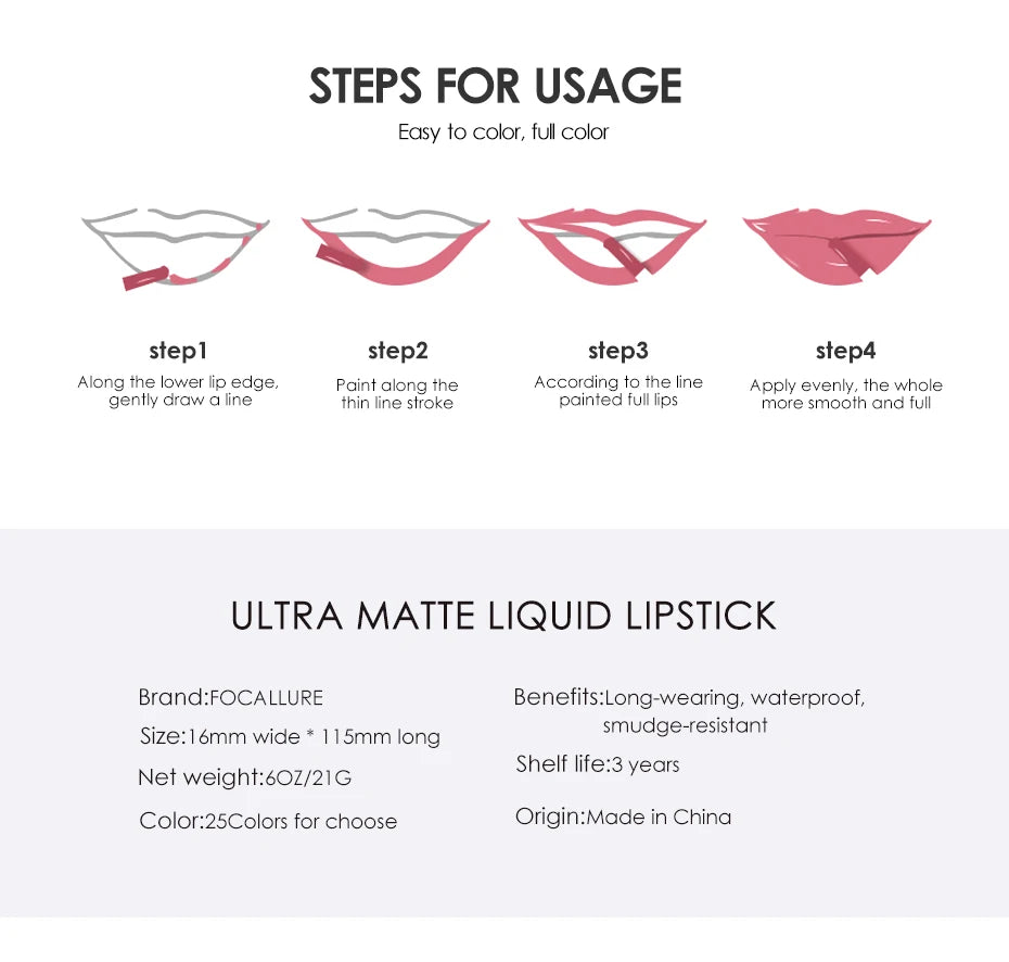 FOCALLURE Waterproof Liquid Lipstick Batom Red Velvet Lip Tint Brown Nude Matte Colourful Lipstick Makeup Cosmetics Maquiagem - Seprincess