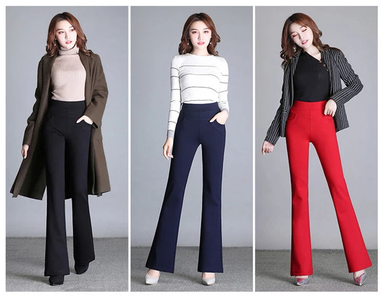 New Women's Autumn Spring Tight Flare Pants Red High Waist  Blue Elastic Band Trousers Fashion Casual Stretch Pants 6XL