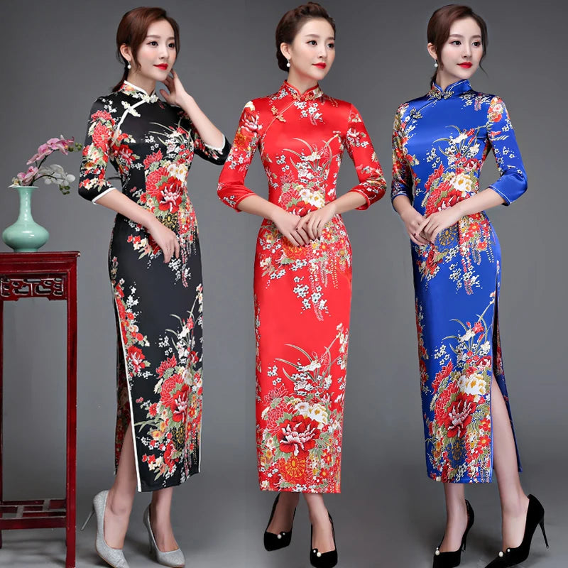 Old Shanghai Elegant Women Satin Qipao Slim 3/4 Sleeve Long Dress New Traditional Chinese Mandarin Collar Cheongsam Vestidos - Seprincess