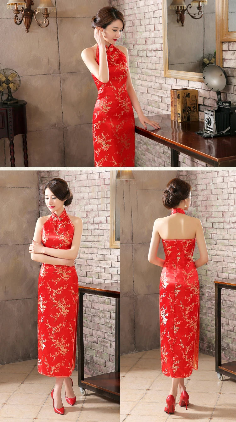 Navy Blue Vintage Lady Satin Evening Dress Chinese Novelty Backless Cheongsam Qipao Flower Size S M L XL XXL XXXL - Seprincess