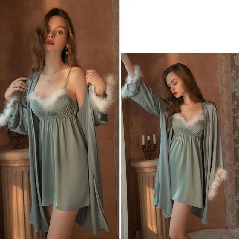 Nightgown With Robe To Set Silk Robes For Women With White Fur Sexy Lingerie Green Pink Color 2022 New Arrival Bathrobes FG423 - Seprincess