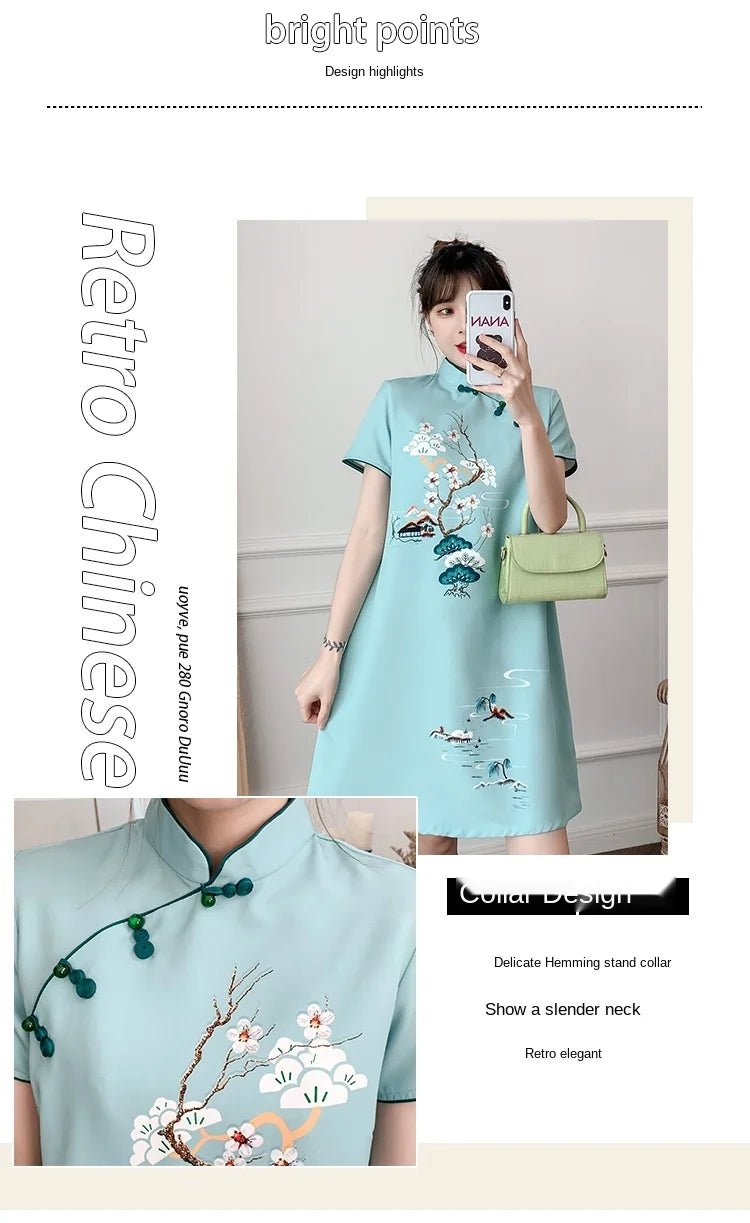 Plus Size M-4XL 2021 New Blue Loose Fashion Modern Cheongsam Dress Women Short Sleeve Qipao Traditional Chinese Style Clothes - Seprincess