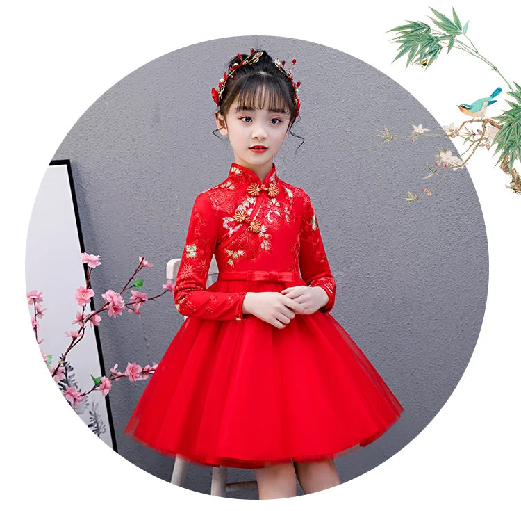 Cute Flower Girls Dresses Kids Chinese Embroidery Lace Cheongsam Dress Baby Girls Elegant Traditional Chinese New Year Dress - Seprincess