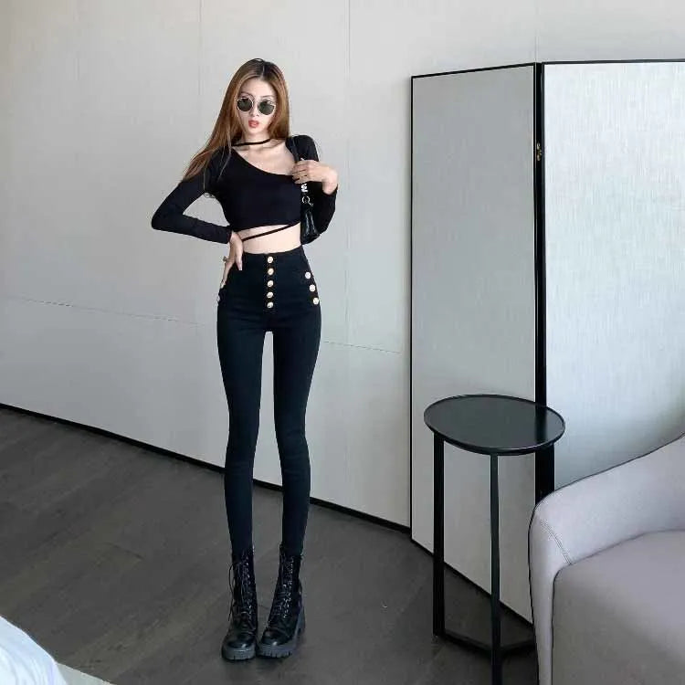 Spring Autumn Fashion High Waist Skinny Trousers Women's Casual Double Breasted Black Pencil Pants