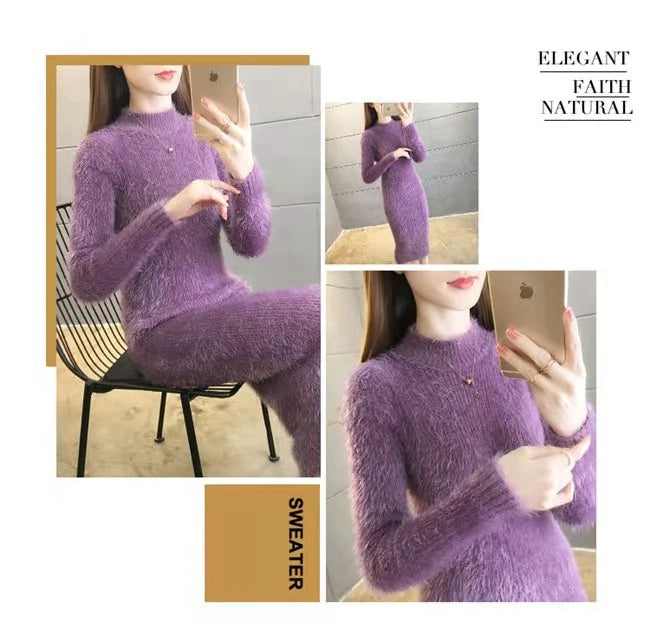 Women's Winter Clothing 2024 Imitation Mink Wool Thick Warm Turtleneck Sweater Dress Sheath Bodycon Dresses For Women Casual - Seprincess