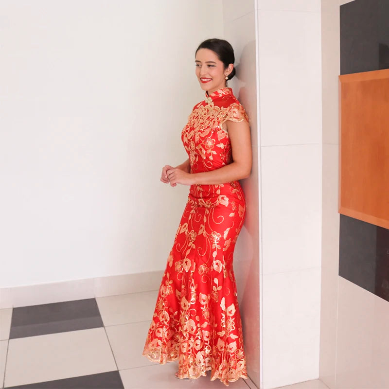 Female Long Short Sleeve Cheongsam Gold Sequin and Embroidery Chinese Traditional Dress Women Qipao Red Chinese Wedding Dress - Seprincess