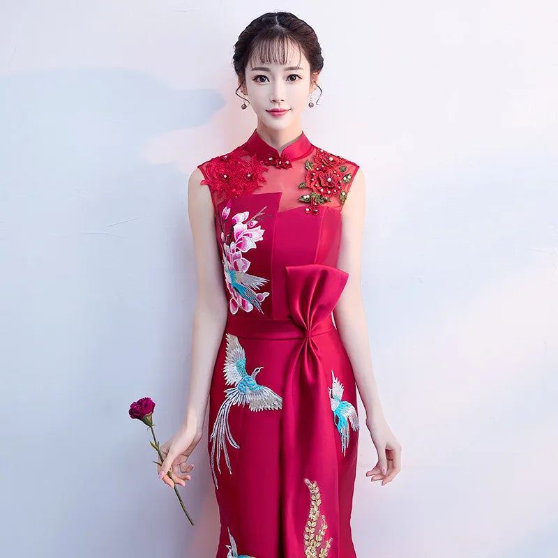 Ladies sleeveless Evening Dress Summer Vintage Phoenix Embroidery Qipao Elegant Chinese Bride Wedding Fishtail Cheongsam S-2XL - Seprincess