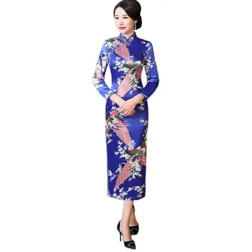 Women Chinese Traditional Dress Peacock Flower Print Long Split Bodycon Dress Cheongsam Stage Show Midi Slim Women Dress