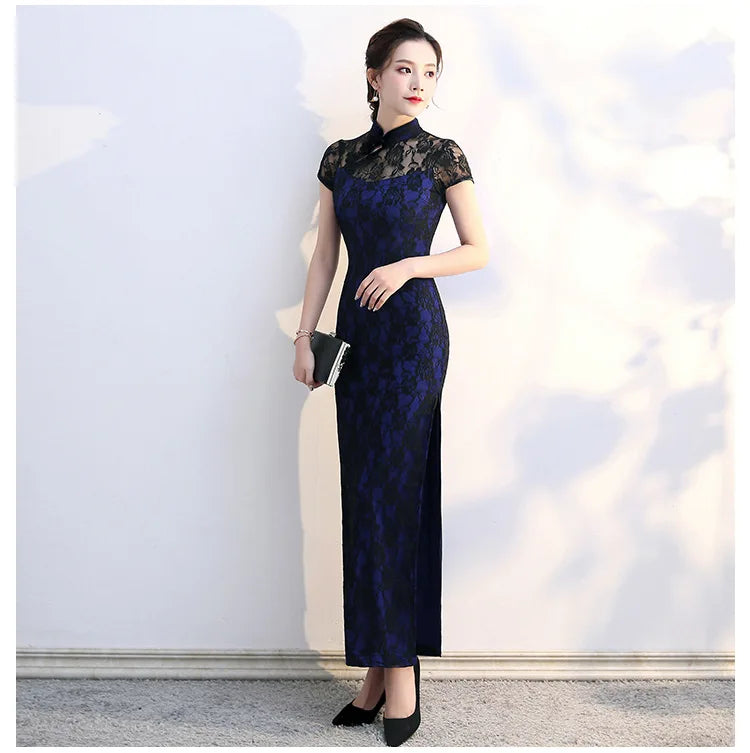 Lace Floral Perspective Collar Qipao Sexy Long Women Cheongsams Big Size 3XL 4XL 5XL Chinese Dress Grace Evening Party Vestidos - Seprincess