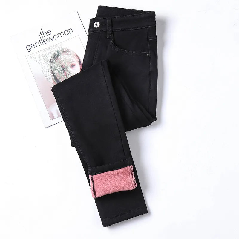 Winter Thick Women Warm Skinny Jeans Simple Stretch Velvet Fleece Female High Waist Denim Pencil Pants Clothes 36 38 40