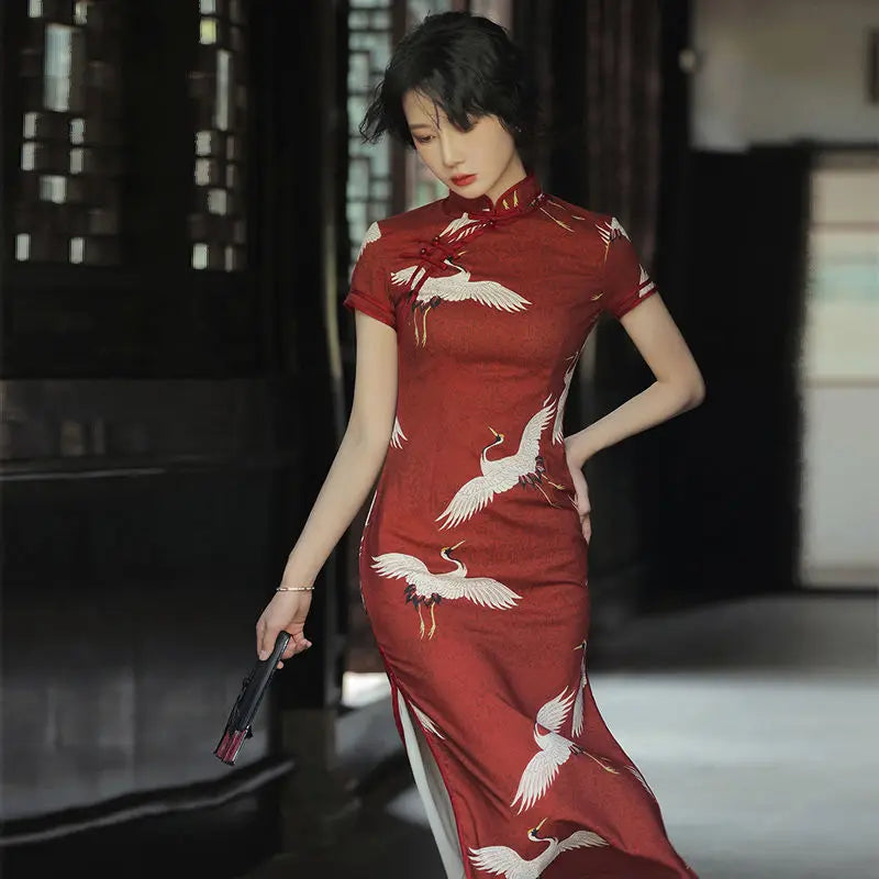 Red cheongsam 2021 New Female Summer Young Style Daily Retro Chinese Style Improved Elegant Long Dress - Seprincess