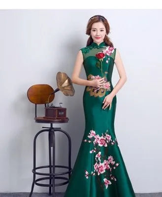 Oriental Evening Dress Chinese Style Fashion Peacock Embroidery Qipao Sexy Long Mermaid Cheongsams Vestidos S-XXL - Seprincess