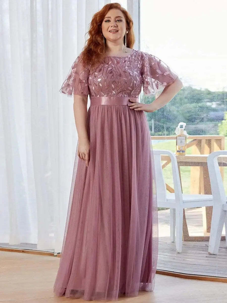 2023 NEW Plus Size Dress  Robe De Soiree Sparkle Evening Dresses Long A-Line O-Neck Short Sleeve LONG Formal Dresses - Seprincess