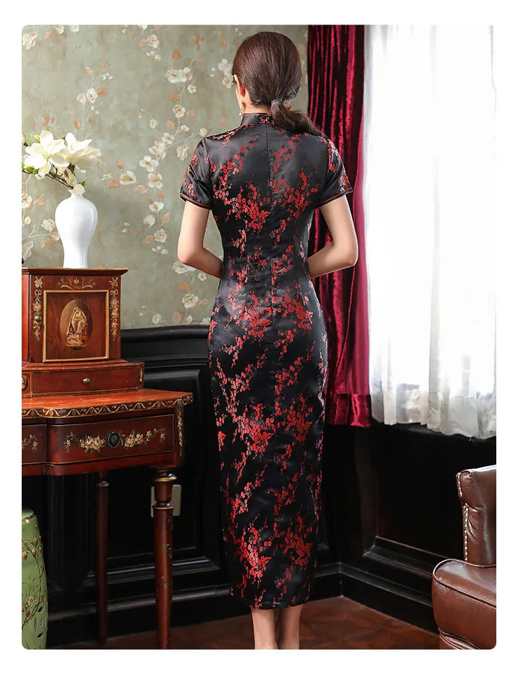 Summer New Women Sexy Cheongsam Elegant Vintage Mandarin Collar Chinese Dress Long Satin Flower Qipao Split Vestidso - Seprincess